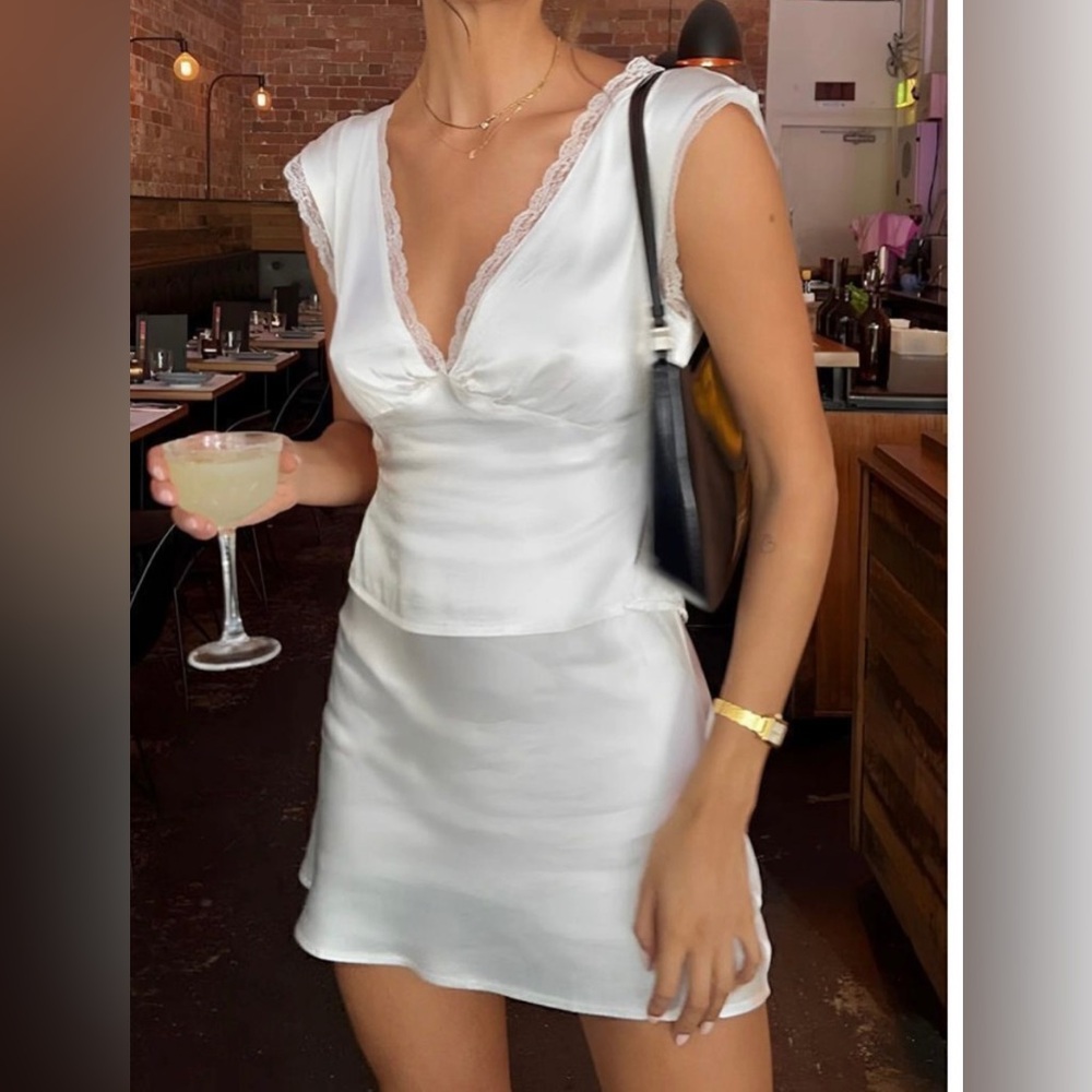 White Lace Trim Satin Skirt Set